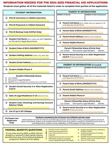 2024-2025 Application - Financial Aid Information Needed - Student Checklist