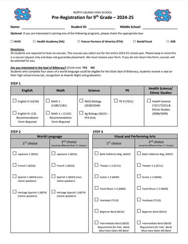 NSHS Incoming 9th Pre-Registration Form 2024-25 Page 1